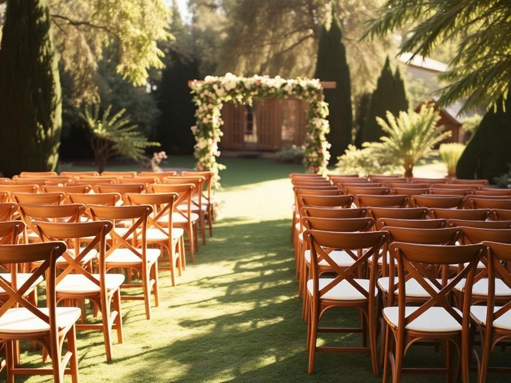 Empty wooden ceremony chairs facing a small floral arch in a sunlit garden