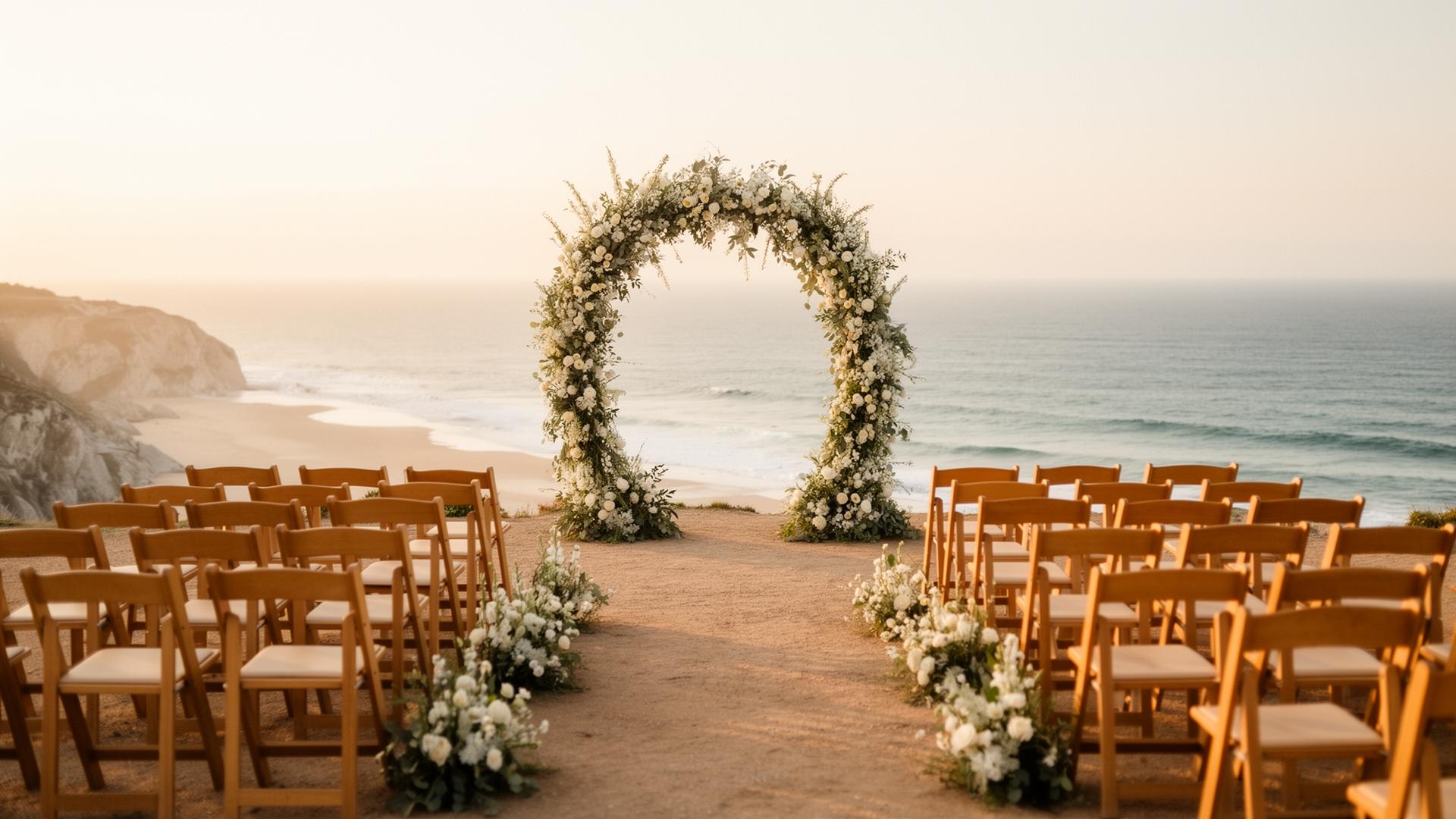 An empty wedding ceremony setup on a Portuguese coastal cliff: rows of wooden chairs facing a floral arch with the beach and ocean behind