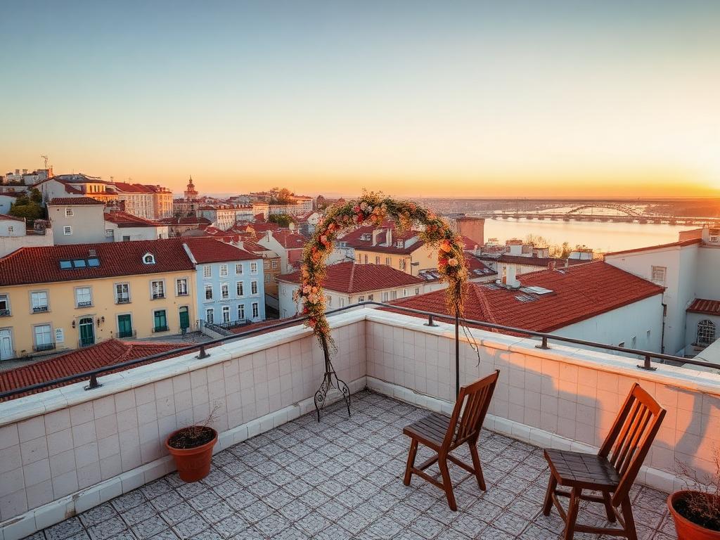Lissabonner Dachterrasse mit Blick auf pastellfarbene Häuser und den Tejo zur goldenen Stunde