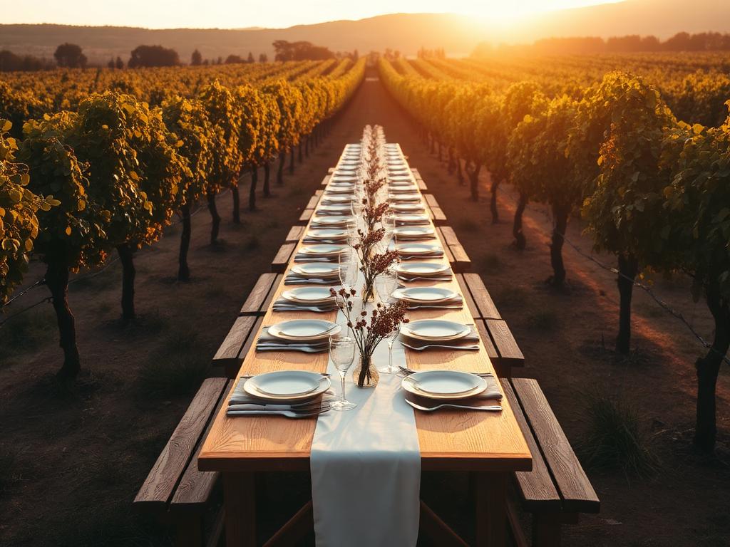 Lange Hochzeitstafel aus Holz zwischen Rebzeilen in einem portugiesischen Weinberg bei Sonnenuntergang