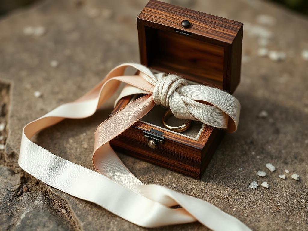 Handfasting cord and wedding rings in an open wooden box on a stone surface