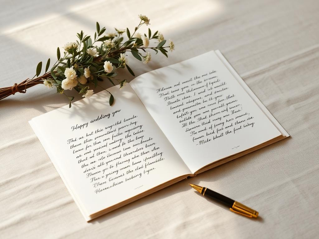 An open handwritten vow booklet next to olive branches and a fountain pen